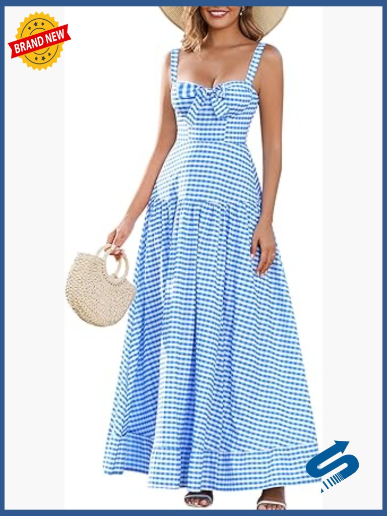 Gingham A-Line Maxi Dress With Bow Sweetheart Neckline